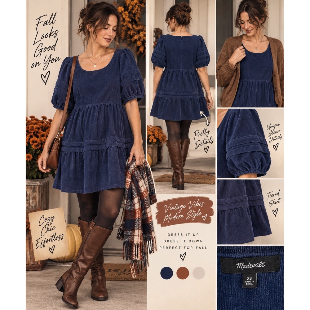 Madewell Navy Blue Corduroy Tiered Mini Dress Puff Sleeve Pockets Size L